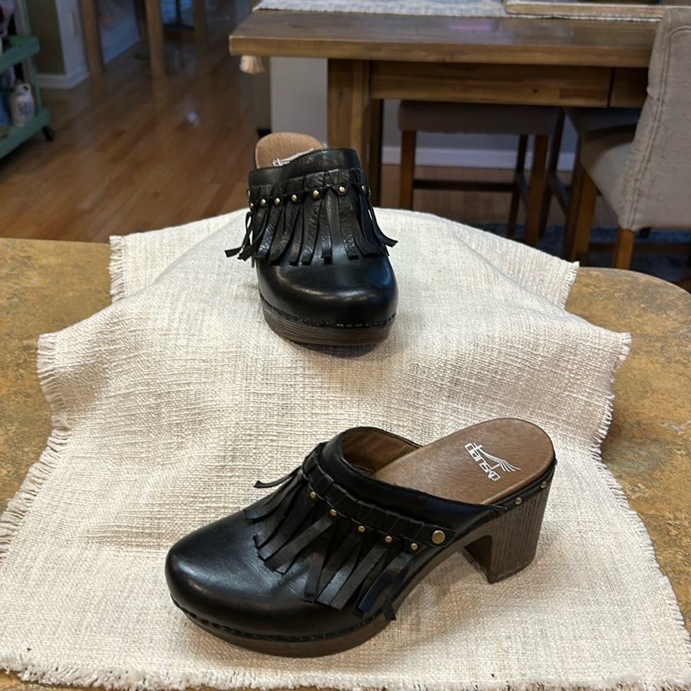 Dansko Deni Black Fringed Platform Clogs
